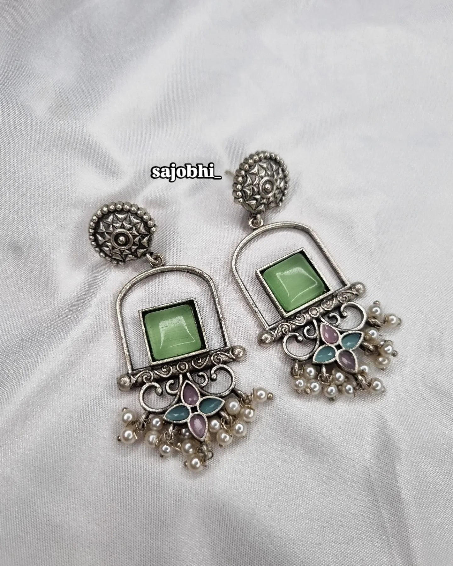 Vintage Green Square Stone Oxidised Earrings with Pearls – Sajobhi