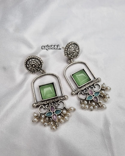 Vintage Green Square Stone Oxidised Earrings with Pearls – Sajobhi