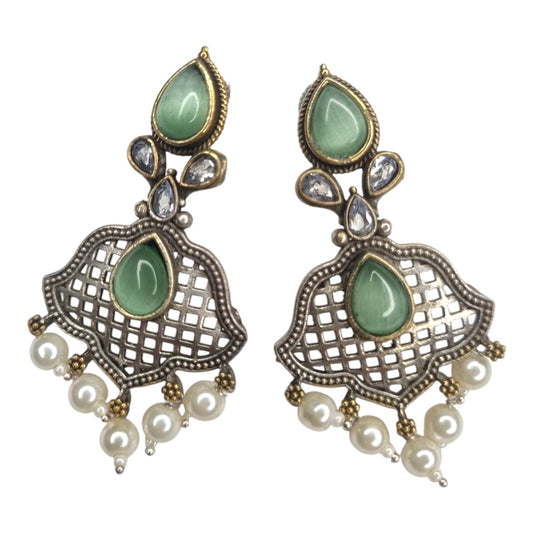 Oxidized Brass Green Stone & Pearl Drop Earrings  Lattice Ethnic Design