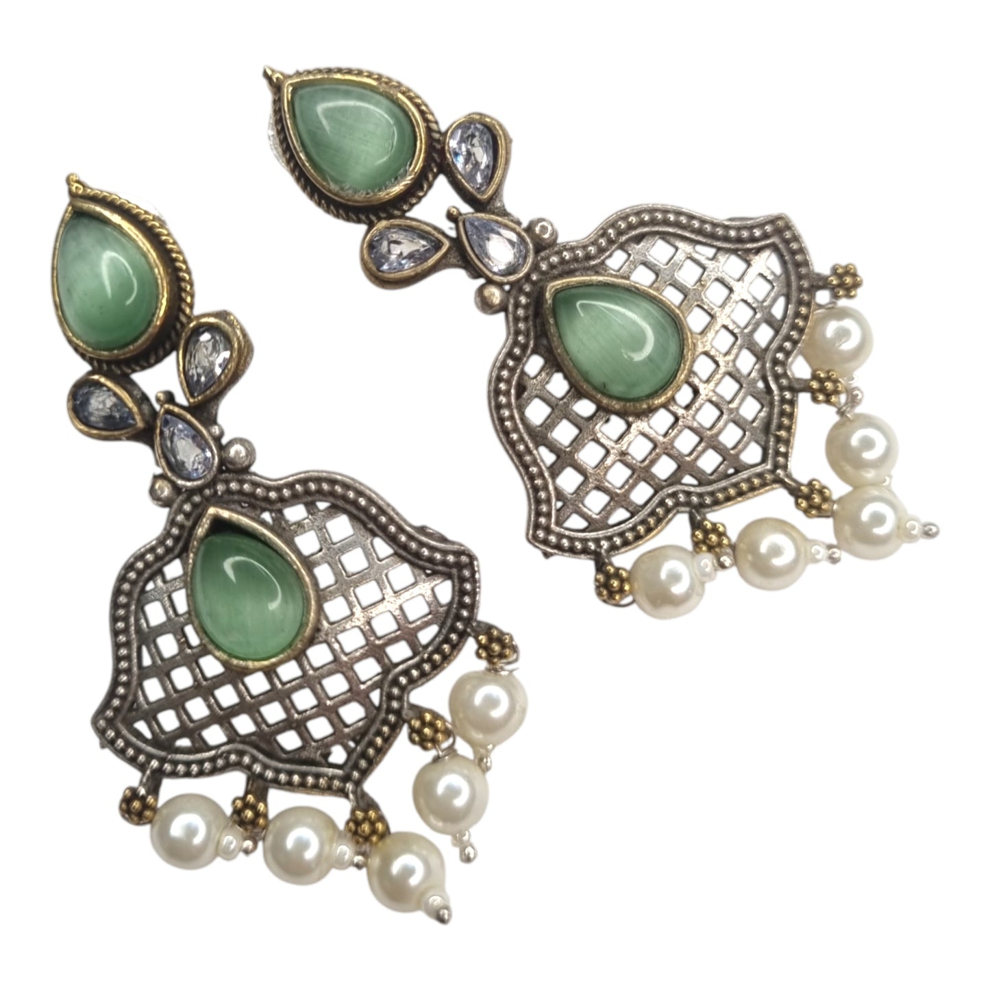 Oxidized Brass Green Stone & Pearl Drop Earrings  Lattice Ethnic Design