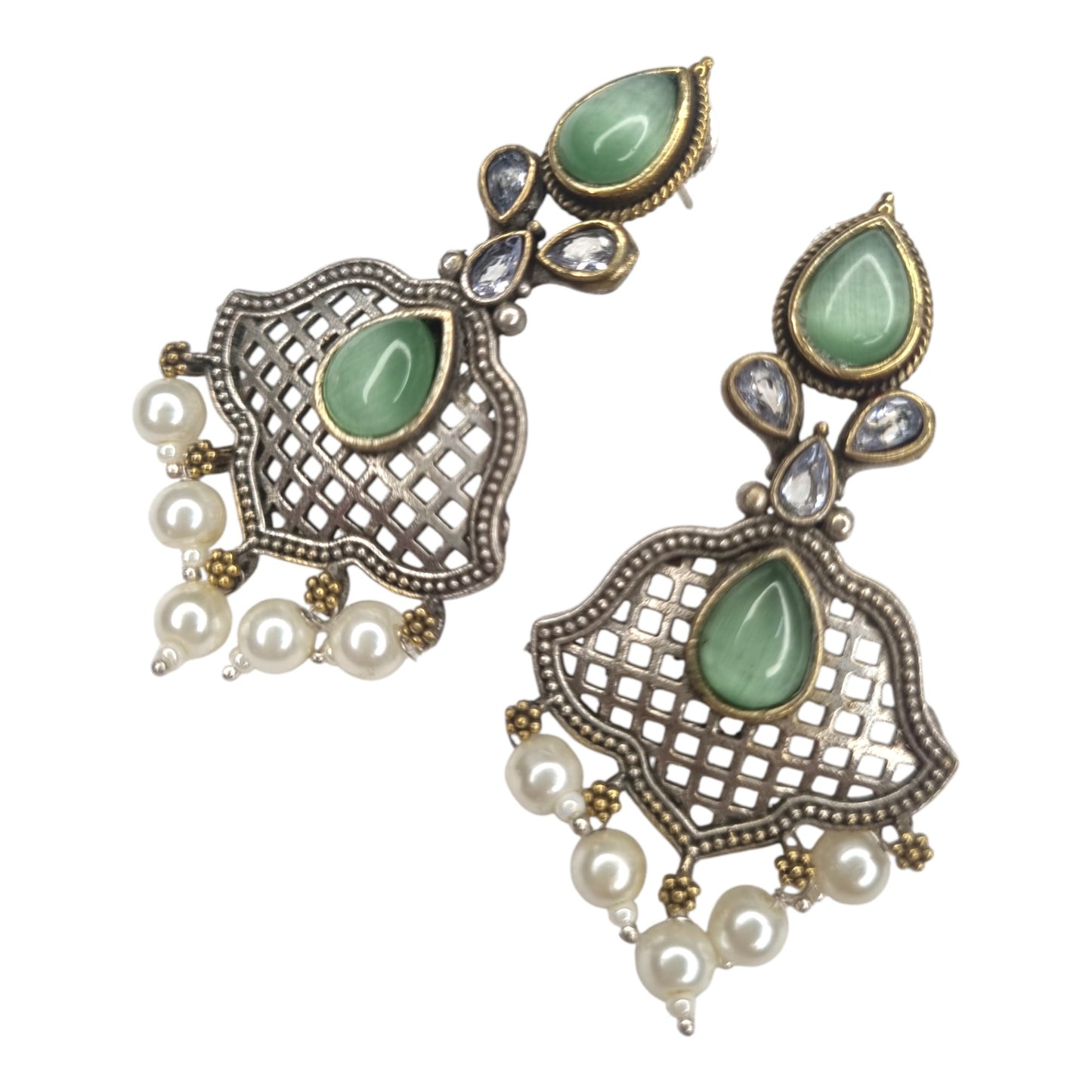 Oxidized Brass Green Stone & Pearl Drop Earrings  Lattice Ethnic Design