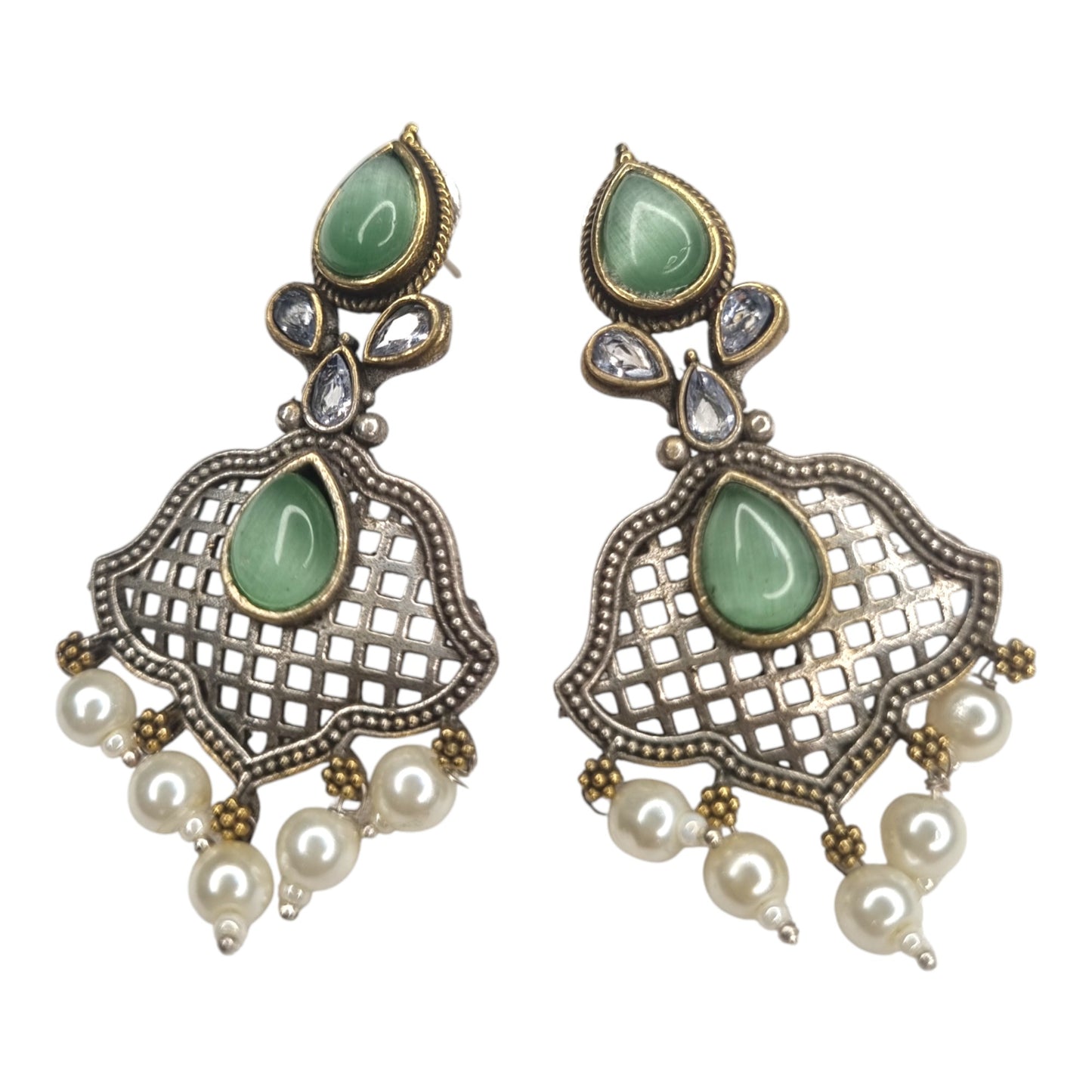 Oxidized Brass Green Stone & Pearl Drop Earrings  Lattice Ethnic Design