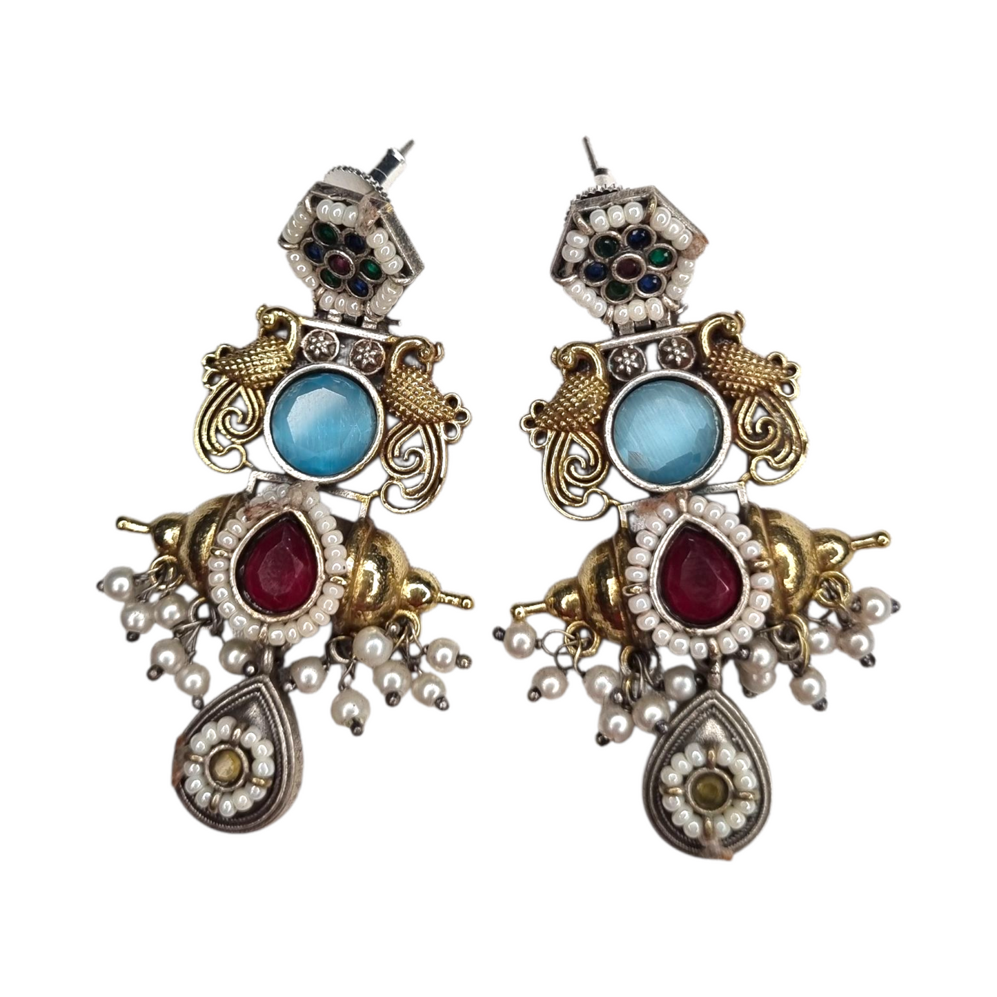 Ethnic Ruby Monalisa Stone Earrings with Pearl Drops & Antique Finish