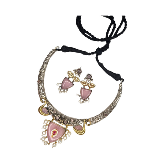 Bohemian Tribal Oxidized Silver & Pink Enamel Necklace Set with Earrings for Women & Girls