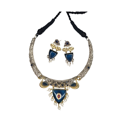 Sajobhi Traditional Oxidised Silver Hasli Necklace Set with Earrings, Gold-Plated Pearl Beads, Blue Enamel