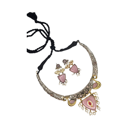 Bohemian Tribal Oxidized Silver & Pink Enamel Necklace Set with Earrings for Women & Girls