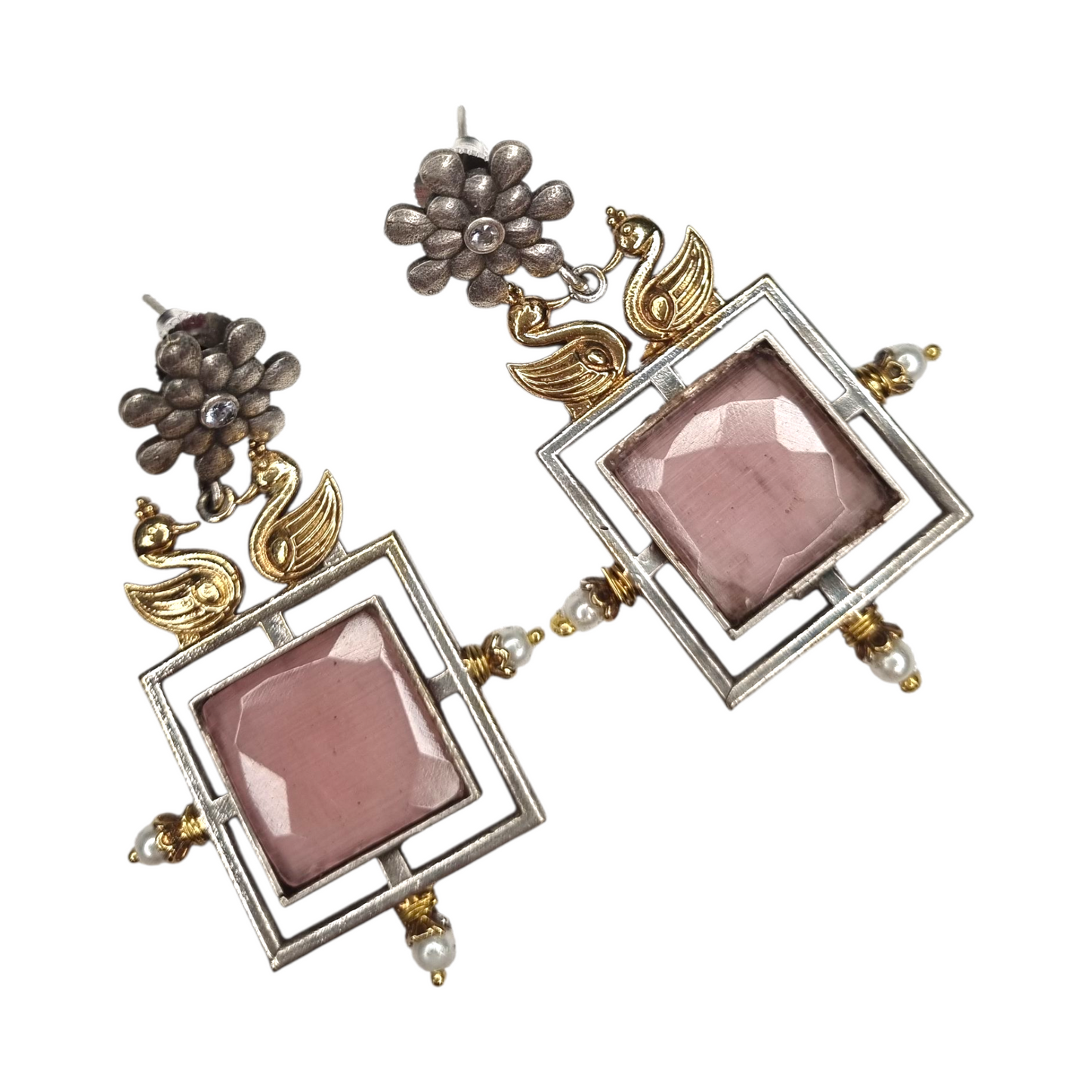 Ethnic Dangler Earrings with Swan Motif & Floral Stud