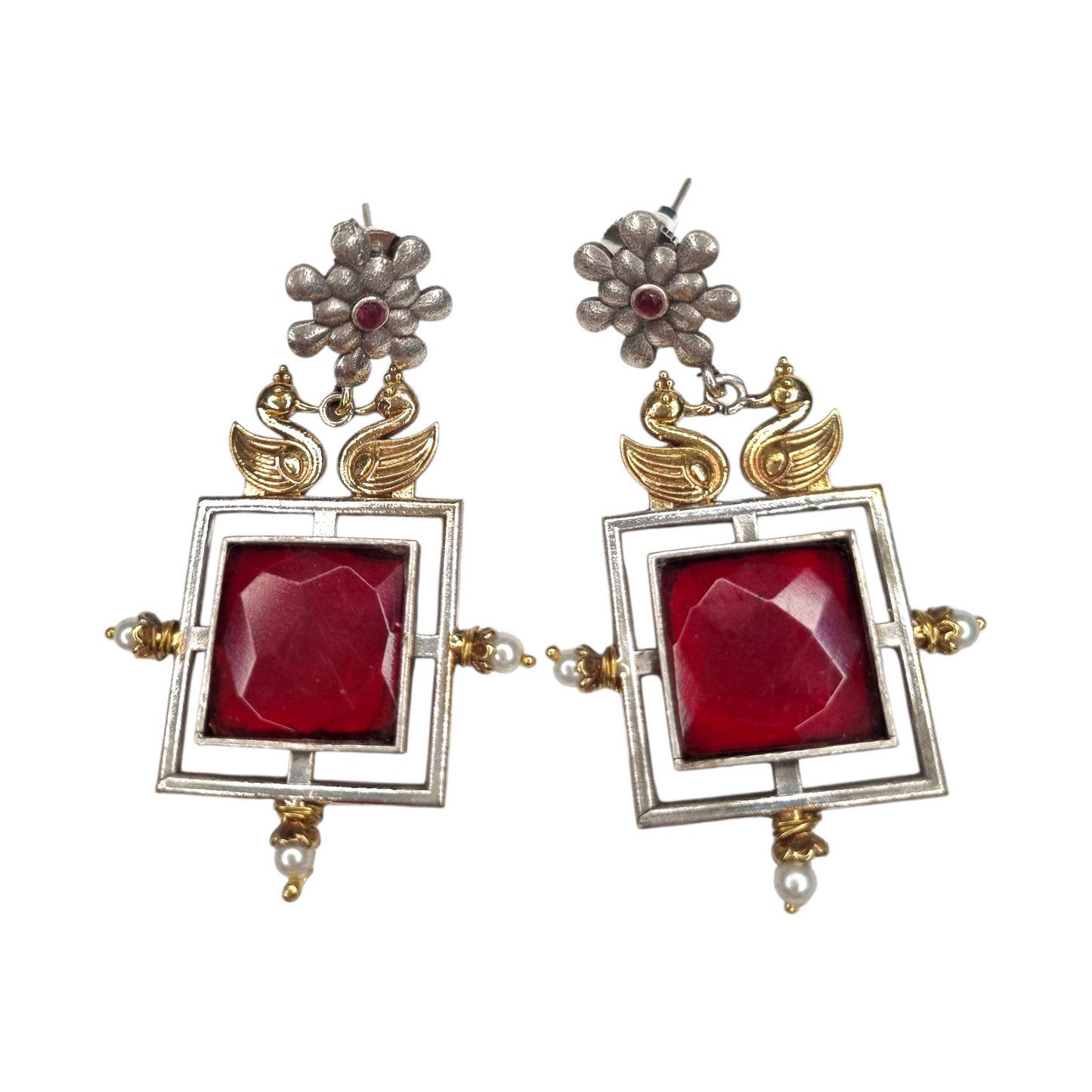 Ethnic Dangler Earrings with Swan Motif & Floral Stud