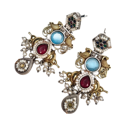 Ethnic Ruby Monalisa Stone Earrings with Pearl Drops & Antique Finish