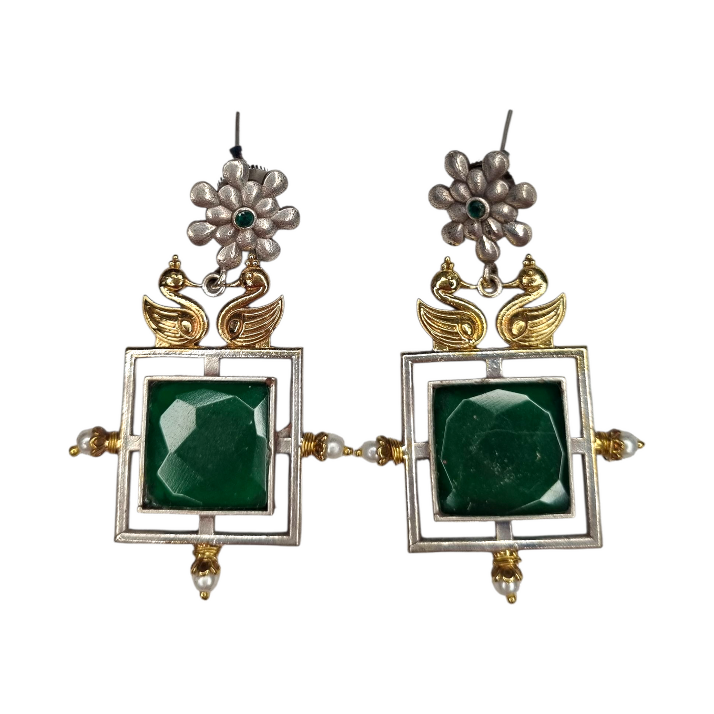 Ethnic Dangler Earrings with Swan Motif & Floral Stud