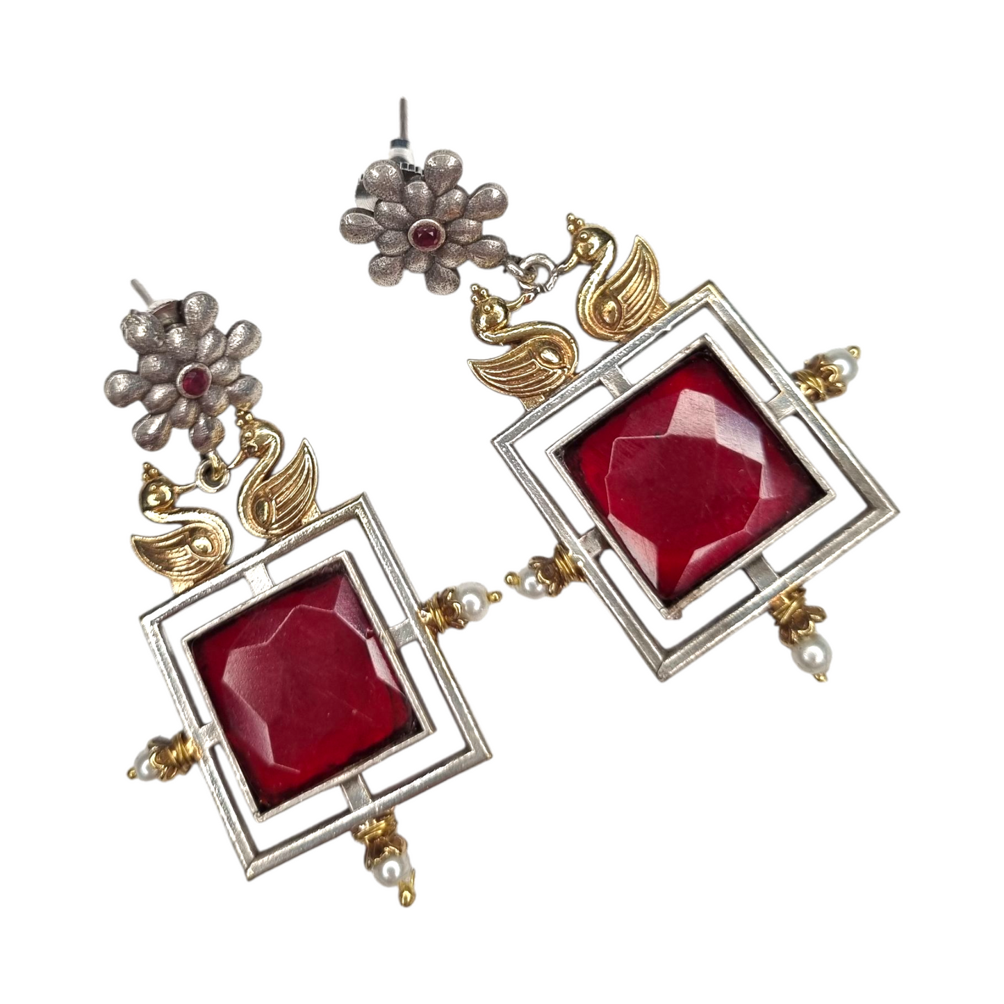 Ethnic Dangler Earrings with Swan Motif & Floral Stud