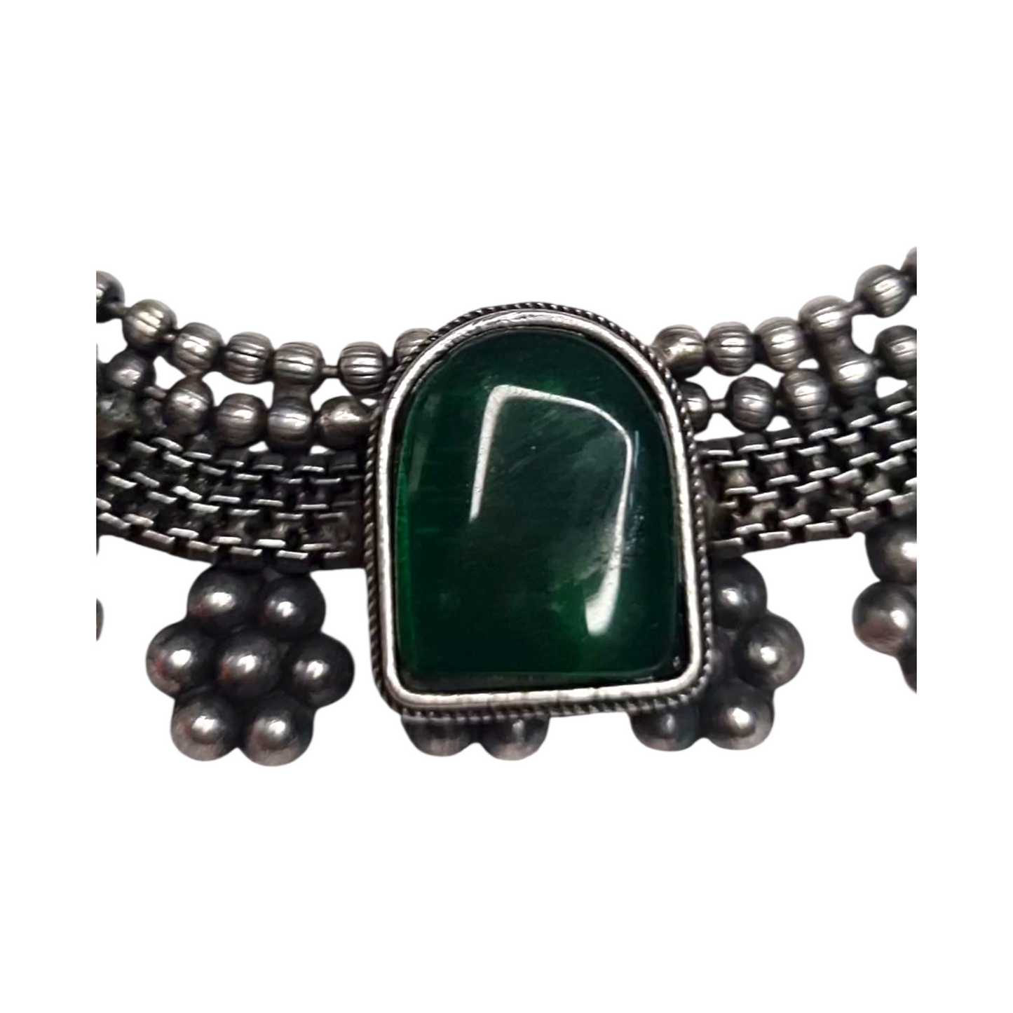 Tribal Oxidized Brass Necklace with Green Stones & Floral Beads