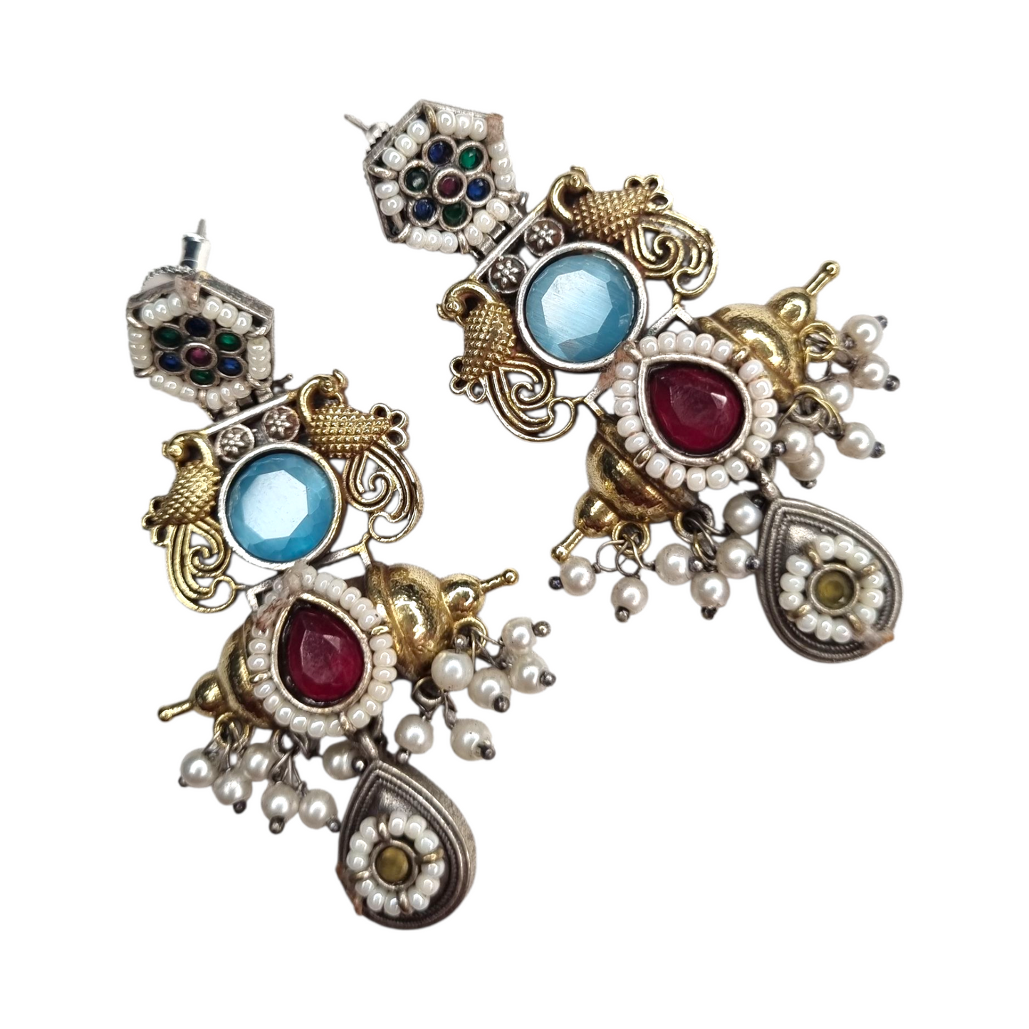 Ethnic Ruby Monalisa Stone Earrings with Pearl Drops & Antique Finish
