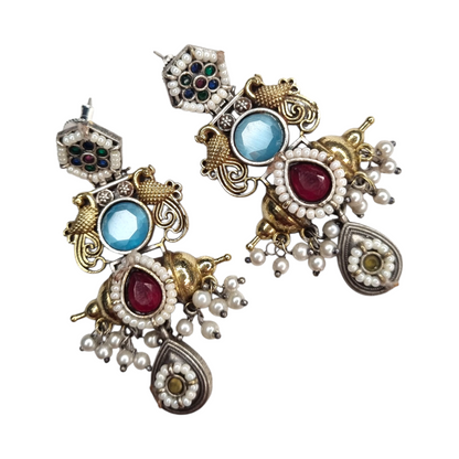 Ethnic Ruby Monalisa Stone Earrings with Pearl Drops & Antique Finish