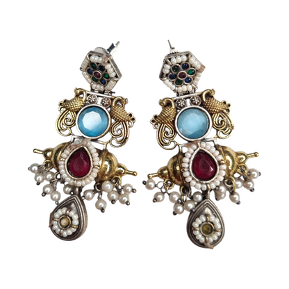 Ethnic Ruby Monalisa Stone Earrings with Pearl Drops & Antique Finish