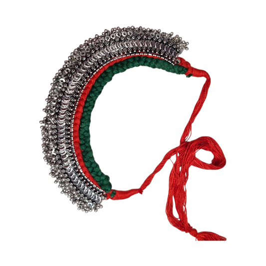 Sajobhi's Oxidized Silver Tribal Coin Choker Necklace with Red & Green Thread Work