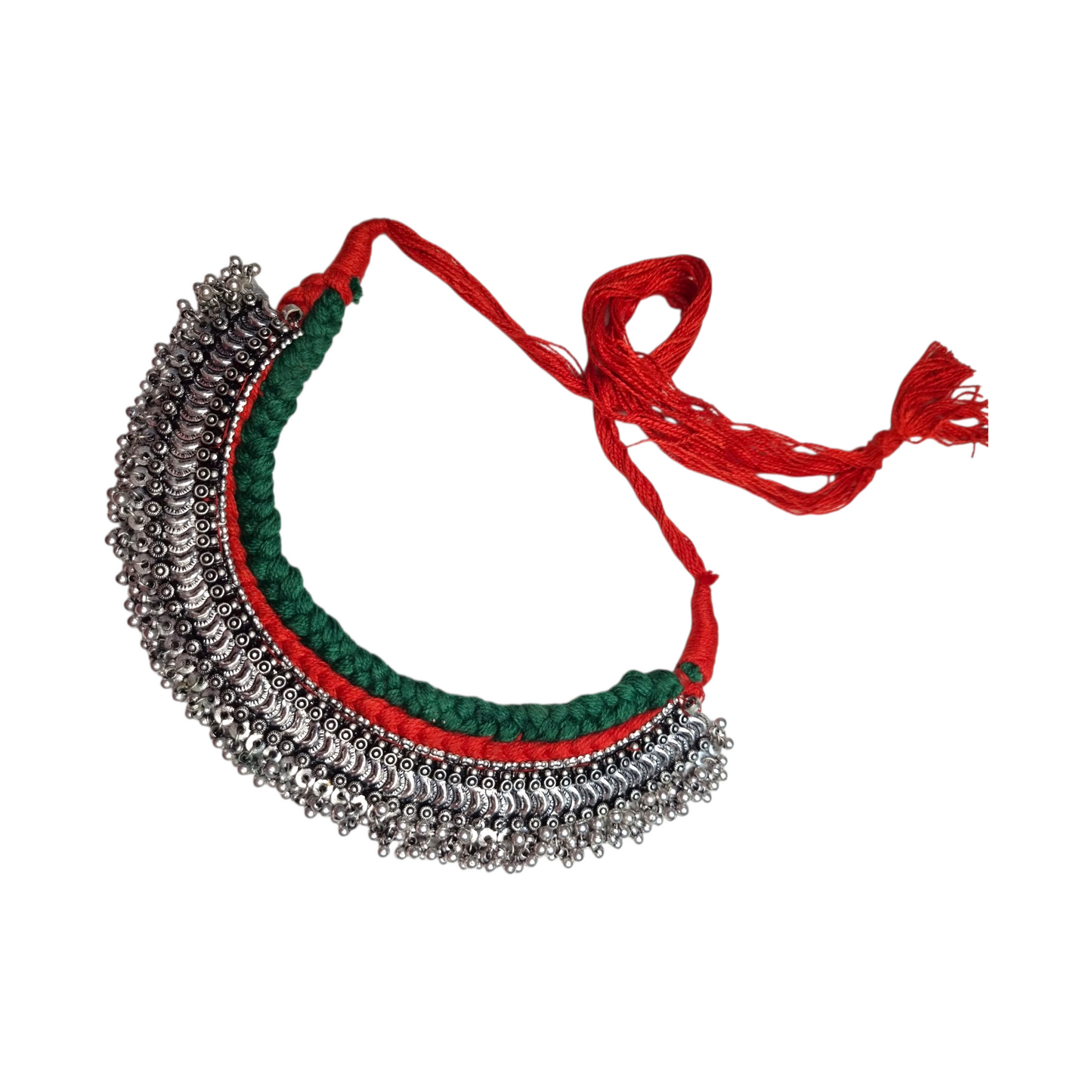 Sajobhi's Oxidized Silver Tribal Coin Choker Necklace with Red & Green Thread Work
