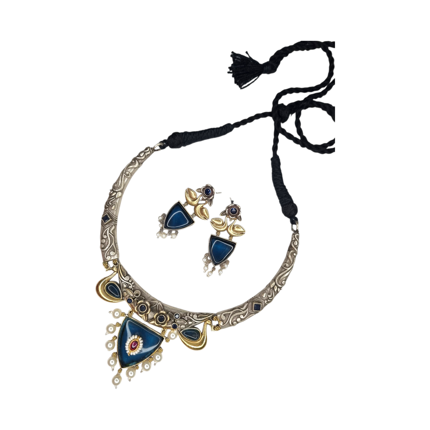 Sajobhi Traditional Oxidised Silver Hasli Necklace Set with Earrings, Gold-Plated Pearl Beads, Blue Enamel