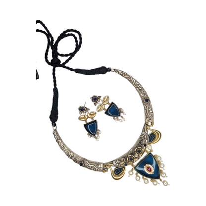 Sajobhi Traditional Oxidised Silver Hasli Necklace Set with Earrings, Gold-Plated Pearl Beads, Blue Enamel