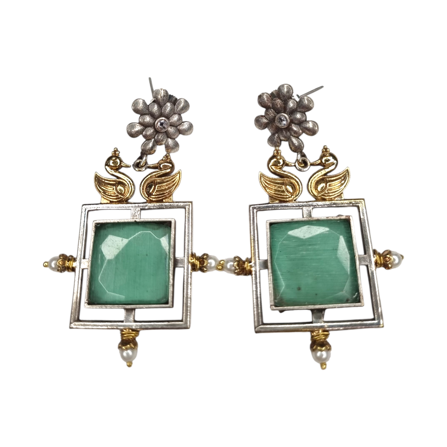 Ethnic Dangler Earrings with Swan Motif & Floral Stud