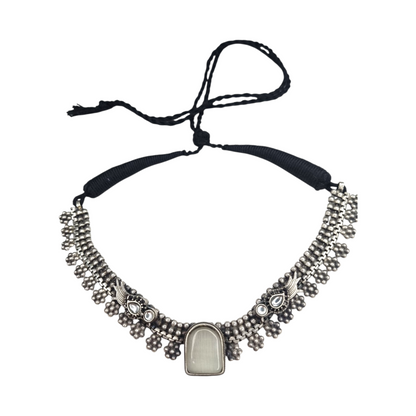 Oxidized Brass Tribal Necklace with Grey Stone & Floral Drops | Adjustable Black Thread