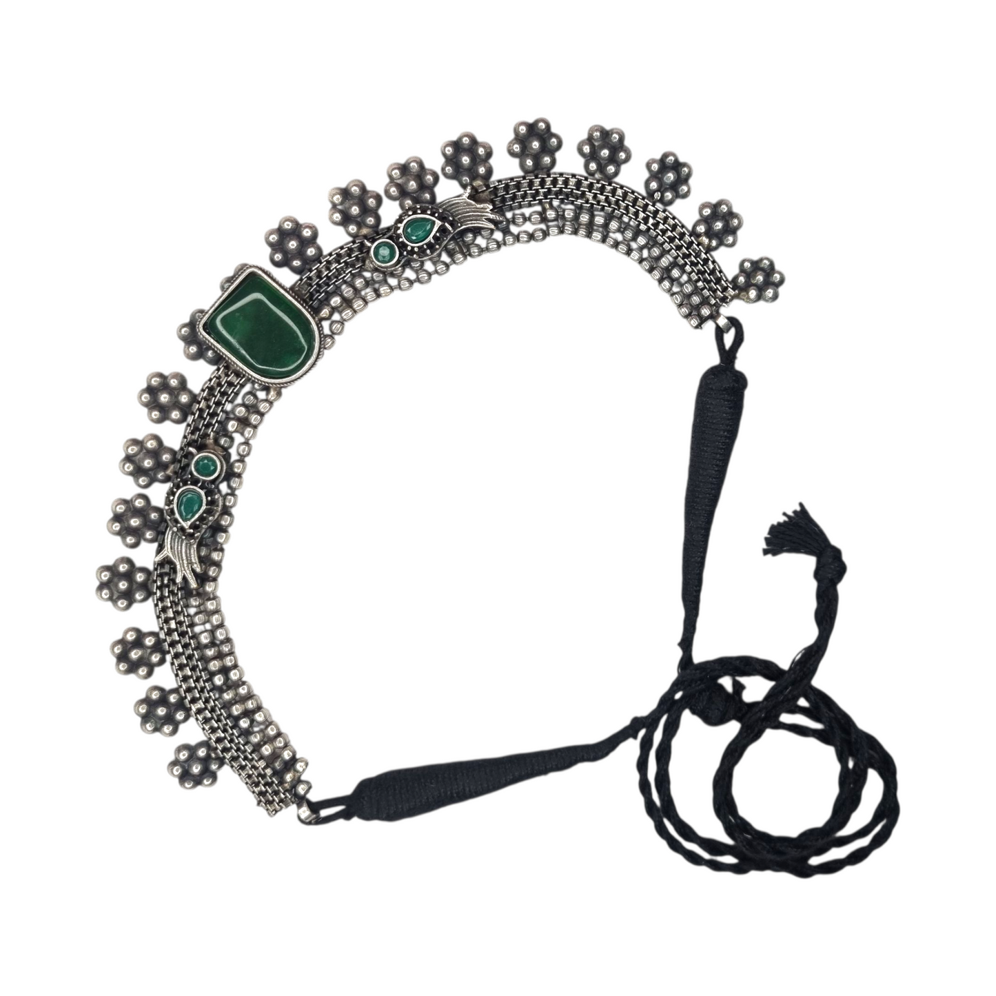 Tribal Oxidized Brass Necklace with Green Stones & Floral Beads