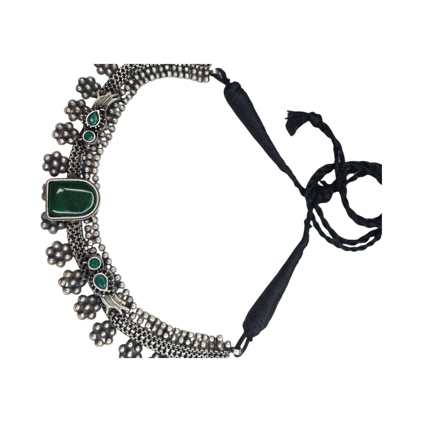 Tribal Oxidized Brass Necklace with Green Stones & Floral Beads