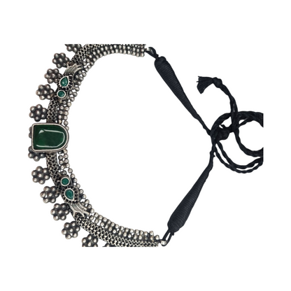 Tribal Oxidized Brass Necklace with Green Stones & Floral Beads