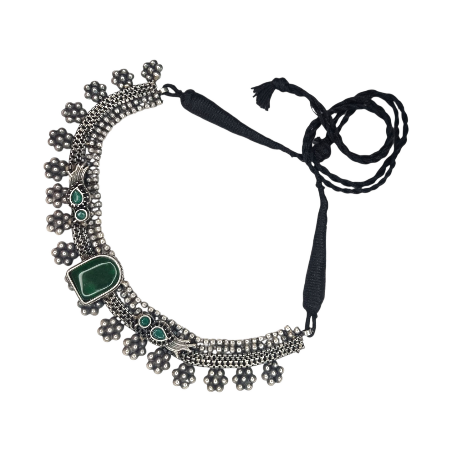 Tribal Oxidized Brass Necklace with Green Stones & Floral Beads