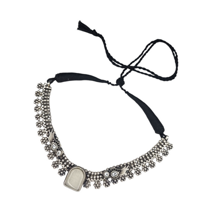 Oxidized Brass Tribal Necklace with Grey Stone & Floral Drops | Adjustable Black Thread