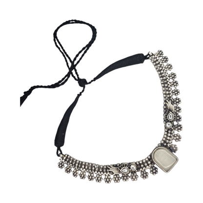 Oxidized Brass Tribal Necklace with Grey Stone & Floral Drops | Adjustable Black Thread