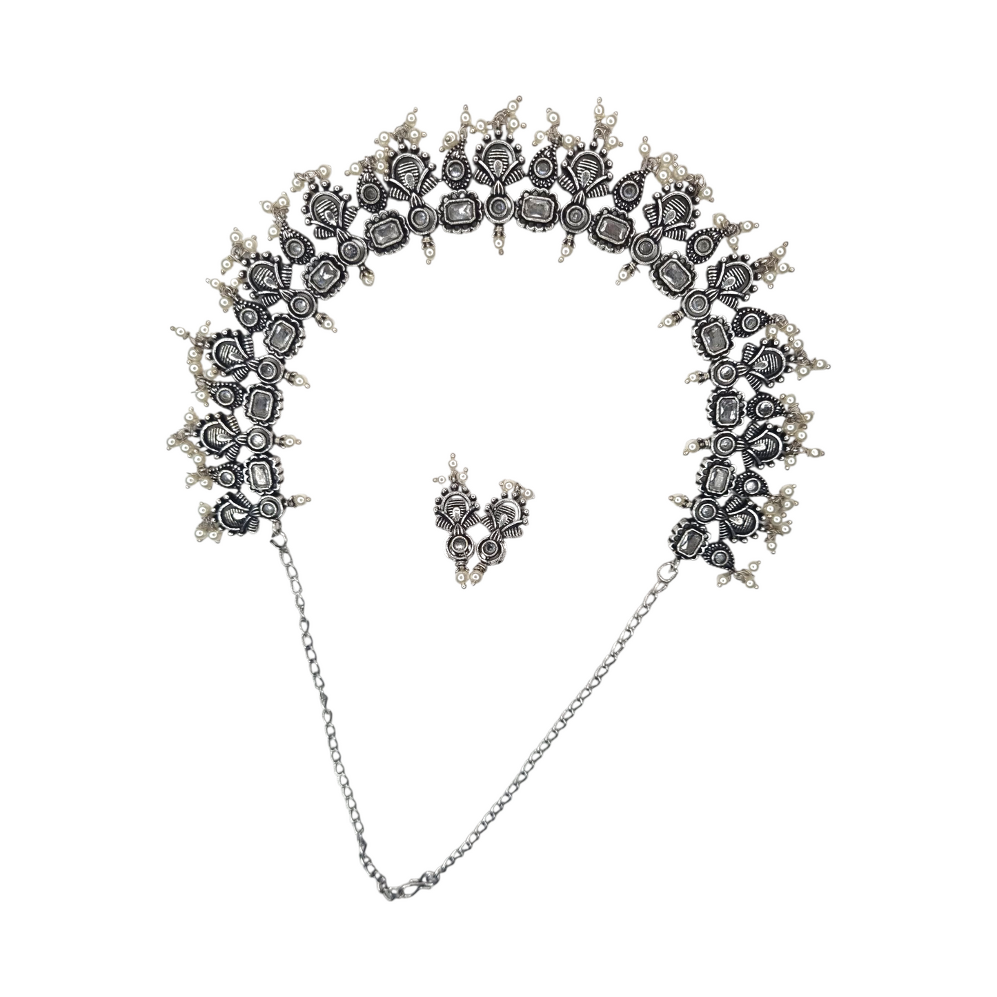 Vintage Oxidized Silver Necklace Set with Earrings – Ethnic Boho Design