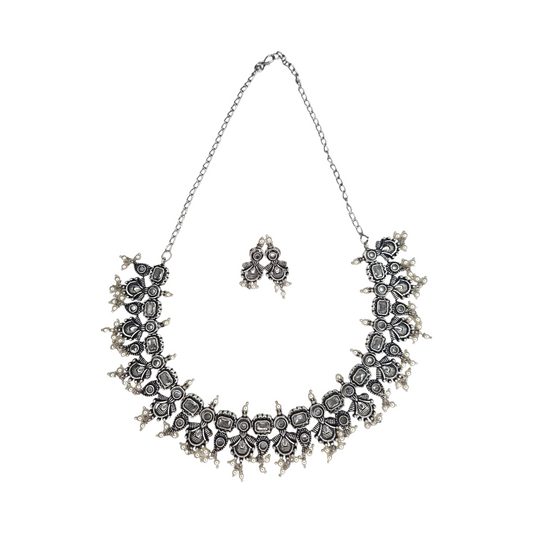 Vintage Oxidized Silver Necklace Set with Earrings – Ethnic Boho Design