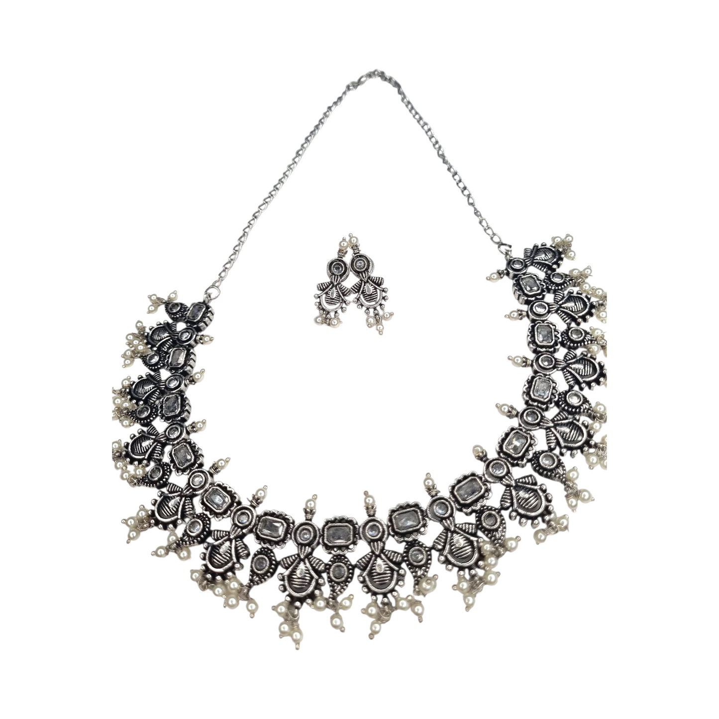 Vintage Oxidized Silver Necklace Set with Earrings – Ethnic Boho Design