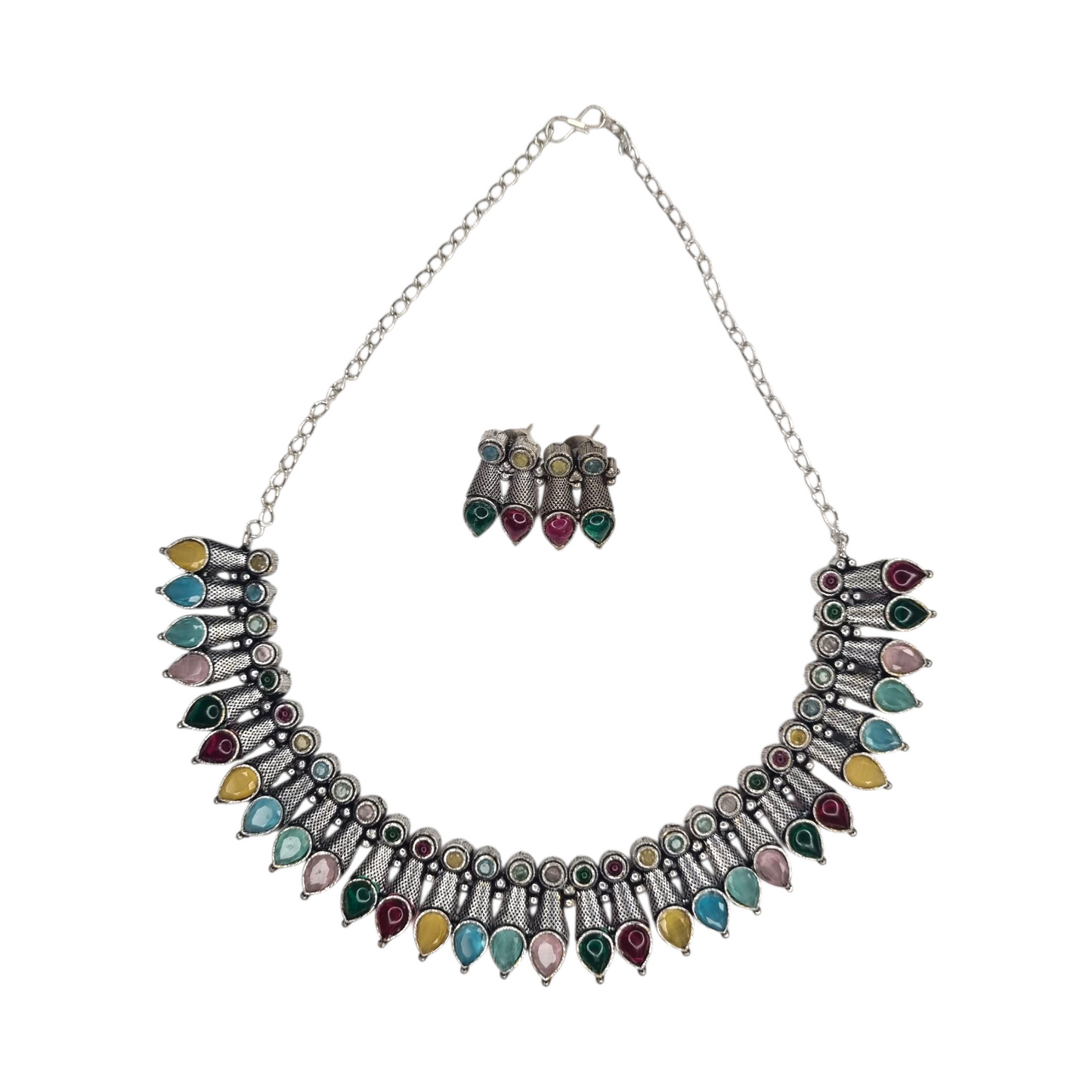 Boho Multicolor Brass Oxidized Necklace Set with Earrings | Festival Jewelry