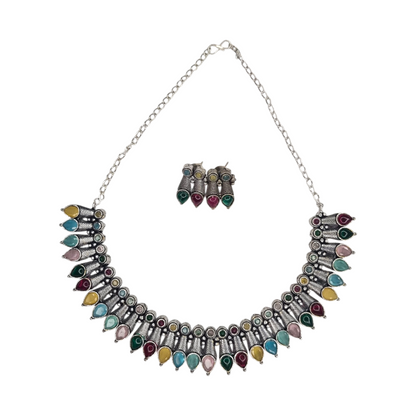 Boho Multicolor Brass Oxidized Necklace Set with Earrings | Festival Jewelry