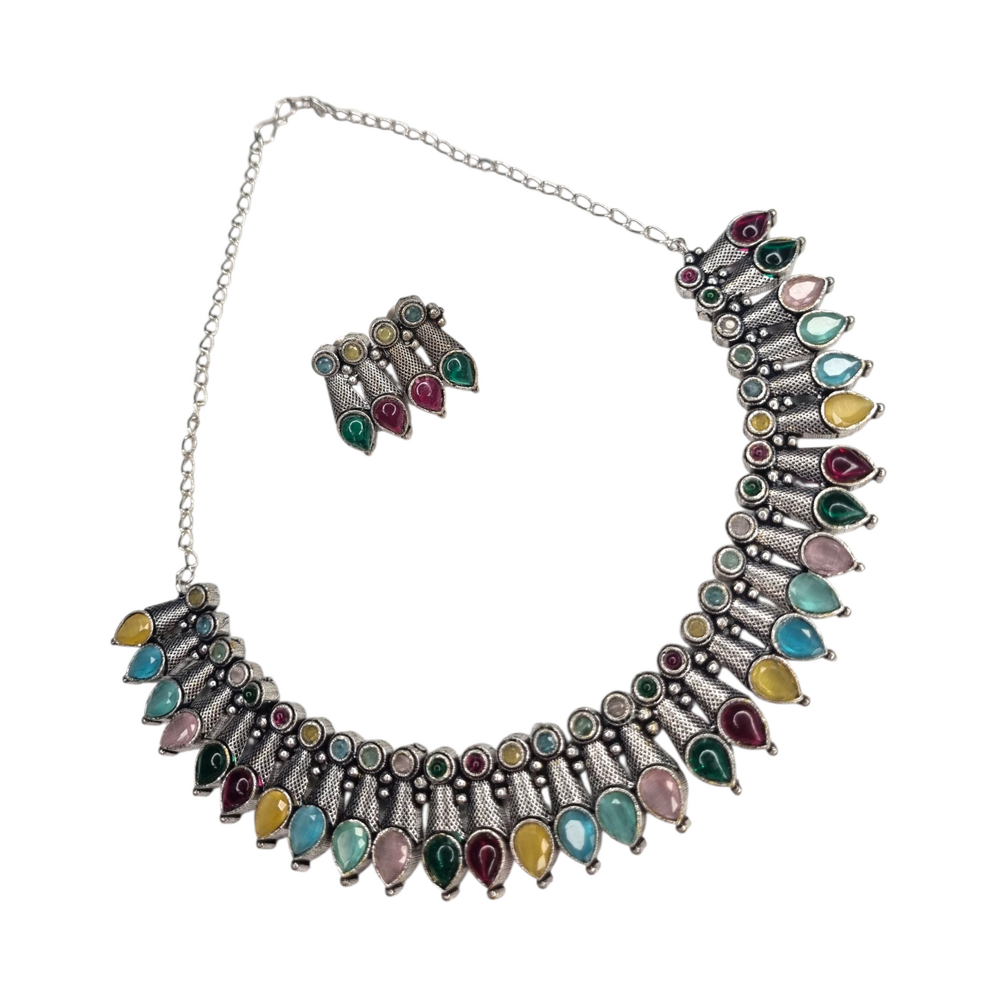 Boho Multicolor Brass Oxidized Necklace Set with Earrings | Festival Jewelry