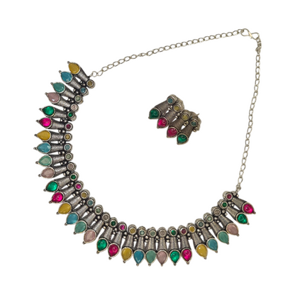 Boho Multicolor Brass Oxidized Necklace Set with Earrings | Festival Jewelry