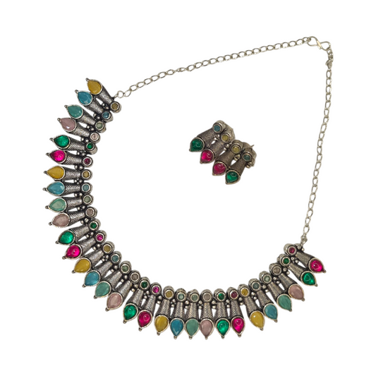 Boho Multicolor Brass Oxidized Necklace Set with Earrings | Festival Jewelry