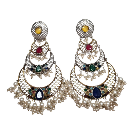 Kundan-Style Multi-Stone & Pearl Ghungroo Brass Chandbali Earrings