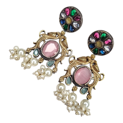Mayur Navratan Peacock Earrings with Pink Stone & Pearl Ghungroos