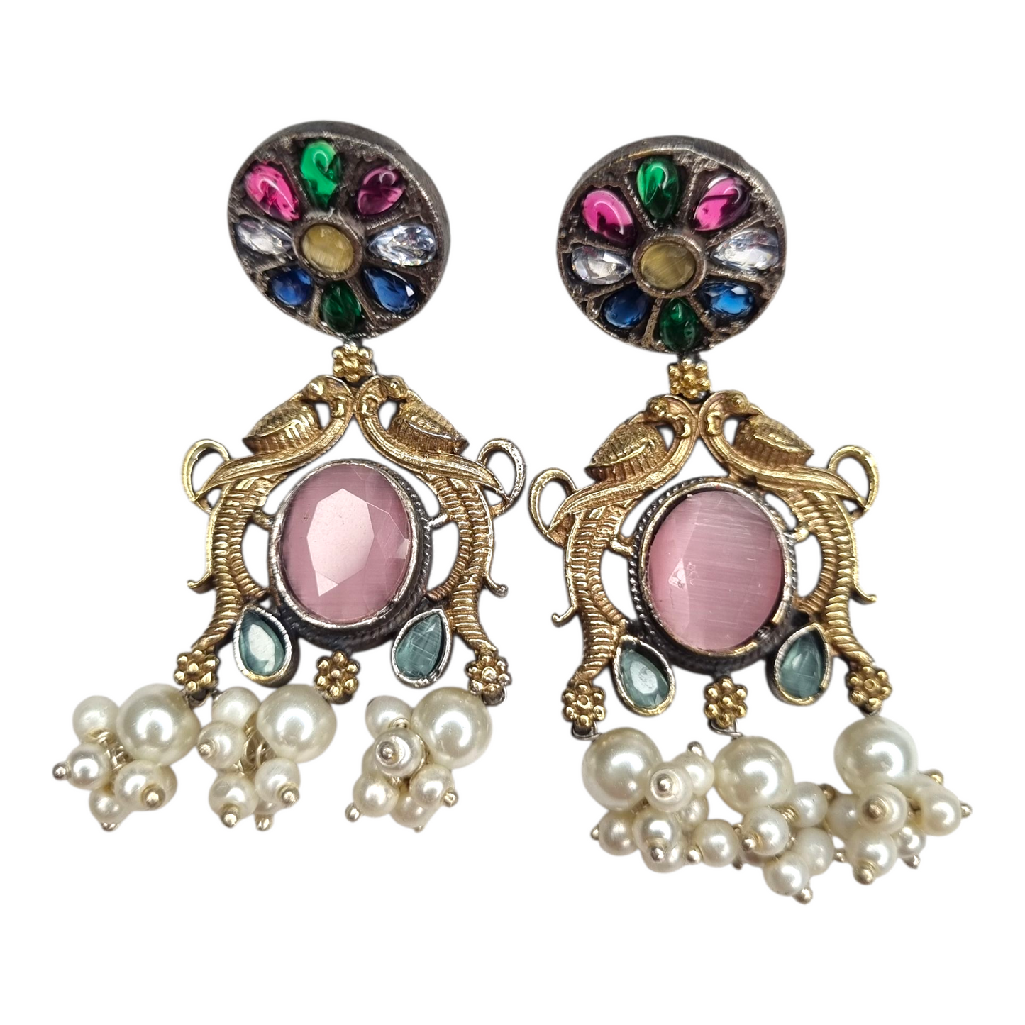 Mayur Navratan Peacock Earrings with Pink Stone & Pearl Ghungroos