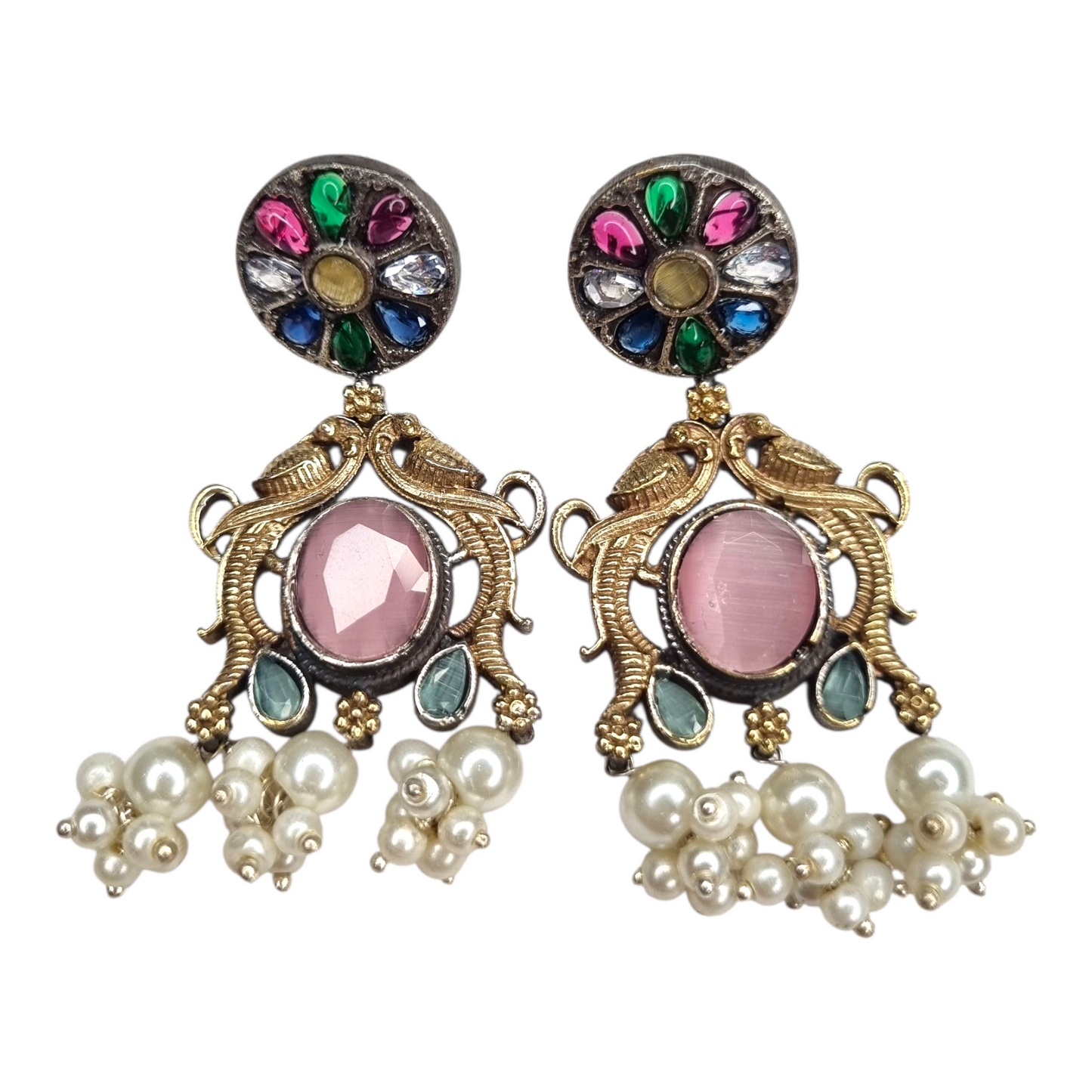 Mayur Navratan Peacock Earrings with Pink Stone & Pearl Ghungroos