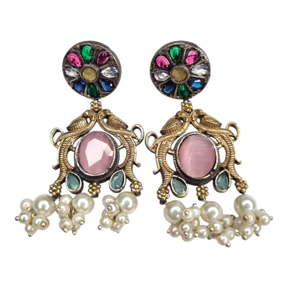 Mayur Navratan Peacock Earrings with Pink Stone & Pearl Ghungroos