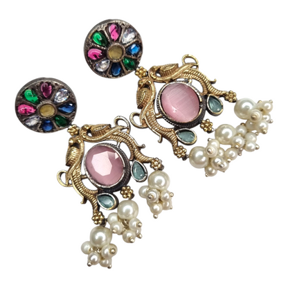 Mayur Navratan Peacock Earrings with Pink Stone & Pearl Ghungroos