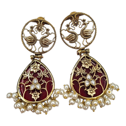 Traditional Indian Peacock Dangle Earrings with RedEnamel & Pearl Drops