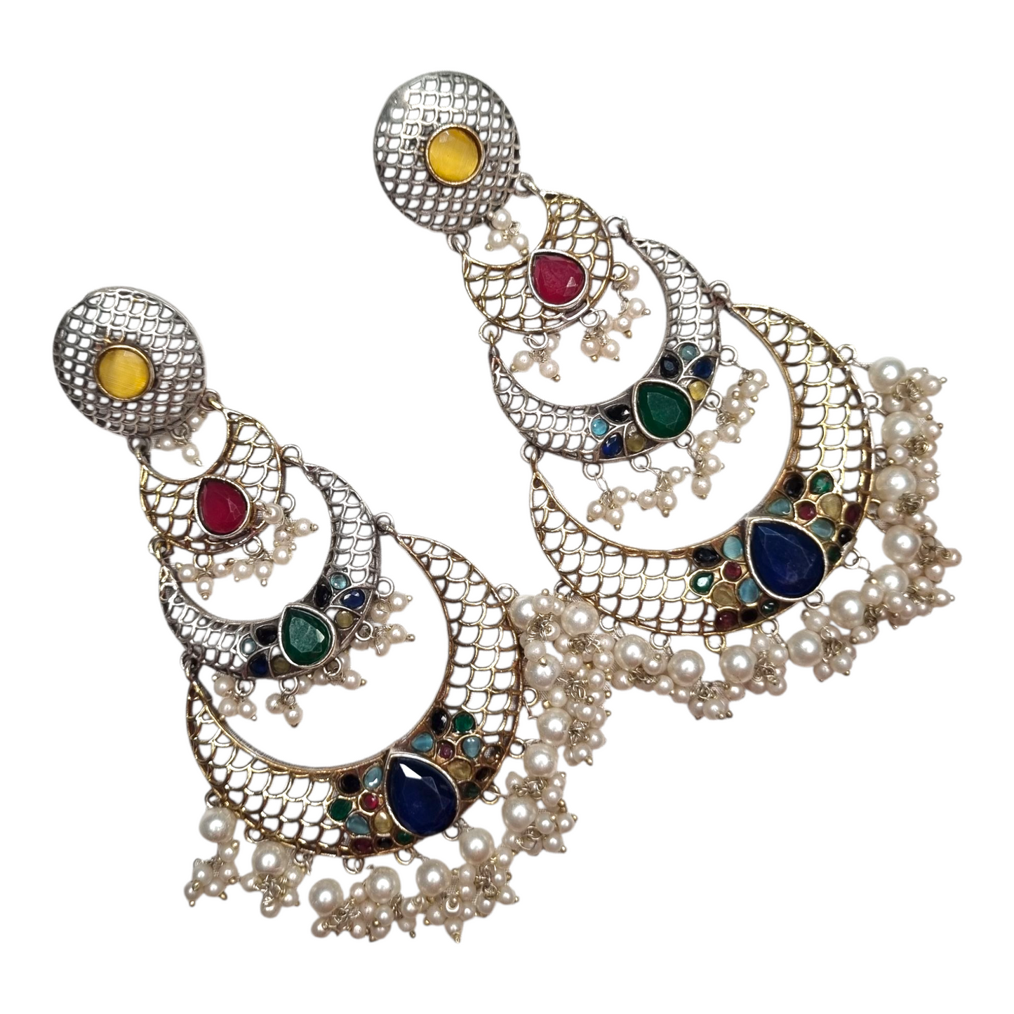 Kundan-Style Multi-Stone & Pearl Ghungroo Brass Chandbali Earrings