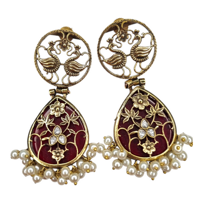 Traditional Indian Peacock Dangle Earrings with RedEnamel & Pearl Drops