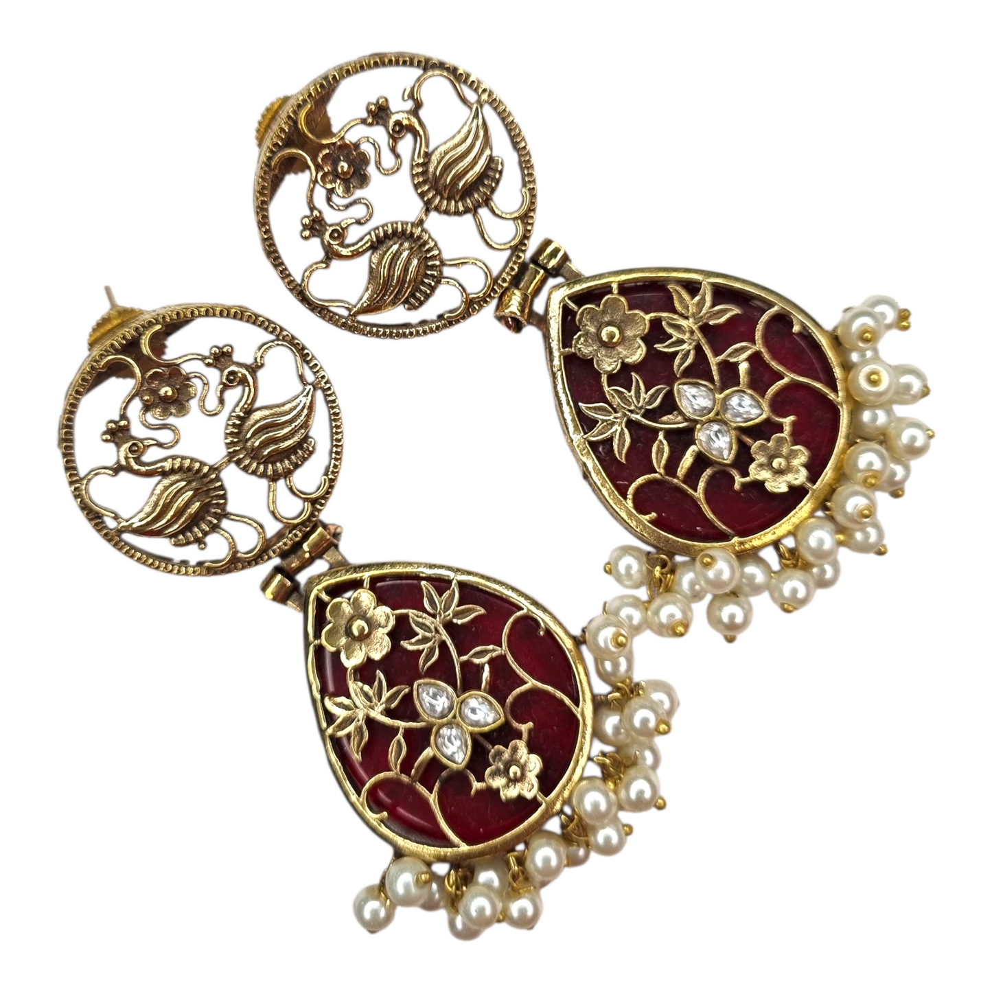 Traditional Indian Peacock Dangle Earrings with RedEnamel & Pearl Drops