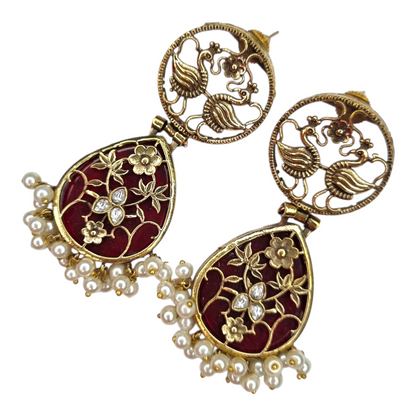 Traditional Indian Peacock Dangle Earrings with RedEnamel & Pearl Drops